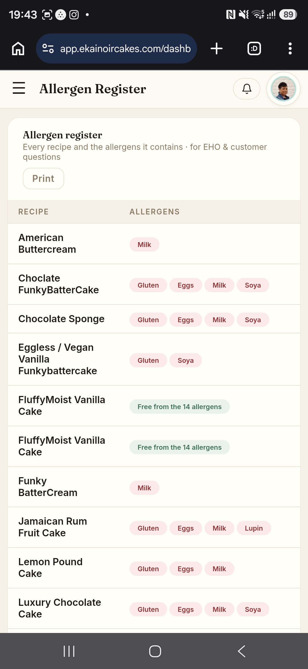 Allergen register on mobile, listing every recipe and its 14-allergen profile.