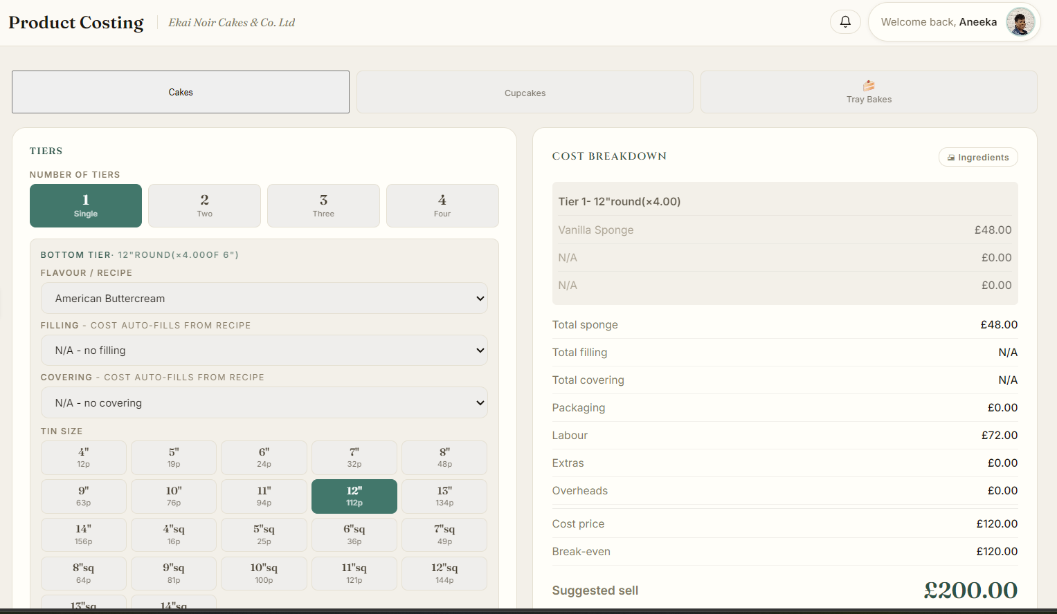 Product Costing screen on a laptop - tier picker on the left, full cost breakdown with suggested sell price on the right.