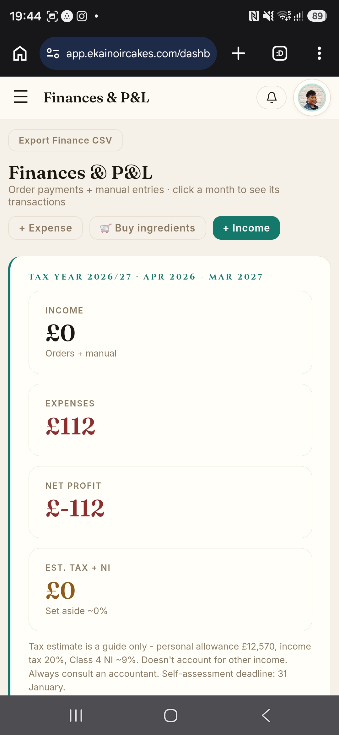 Finances and P&L view on mobile, showing tax-year income, expenses and tax estimate.