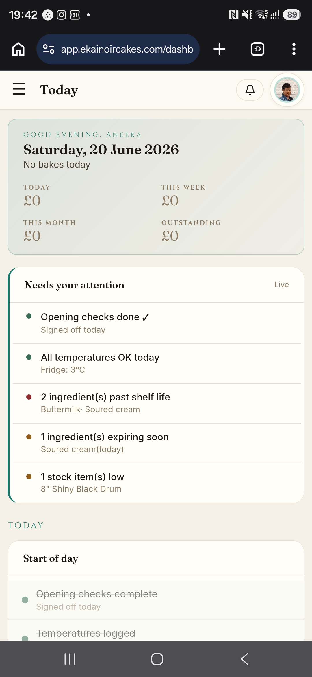 Today view inside Baker's Suite on a phone - slim date pill, sales tiles, Needs your attention alerts.
